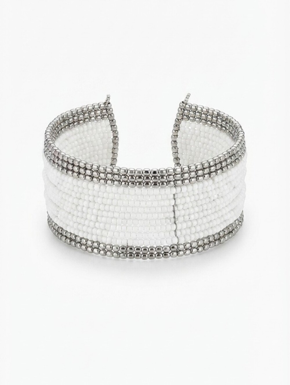 White and Silver-Tone Beaded Wide Cuff Bracelet